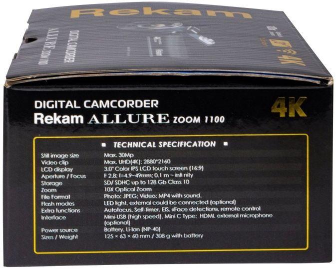 Видеокамера Rekam Allure zoom 1100, черный,  Flash,  ИК-пульт дистанционного управления, Защитная крышка объектива, Кабель USB, Аккумулятор, Мягкий чехол, Ремешок [2503000001]