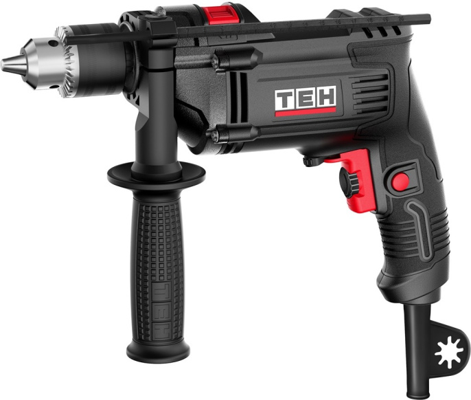 Дрель TEH TD1309A (ударная, сетевая, с звеньевым патроном, мощность: 850 Вт, диаметр оснастки: 1.5-13 мм, диаметр сверления: металл 13 мм, камень 13 мм, дерево 35 мм, поставляется в коробке)
