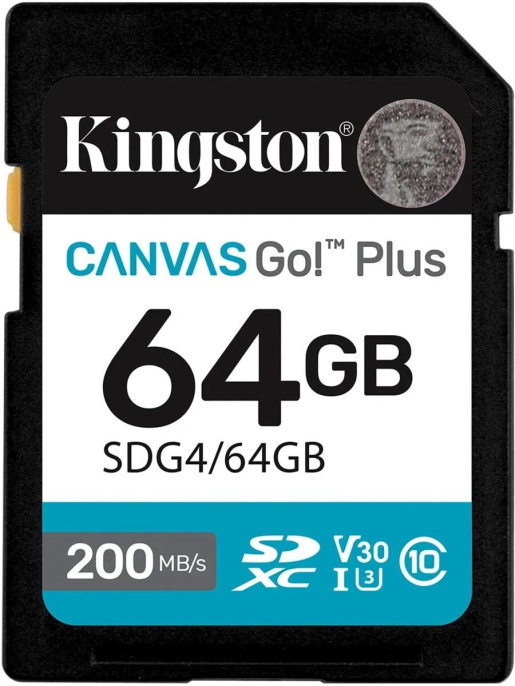 Карта памяти Kingston SDG4/64GB  SecureDigital 64GB SDXC Canvas Go Plus Gen4 200MB/s C10 UHS-I U3 V30 (4K UHD Video)