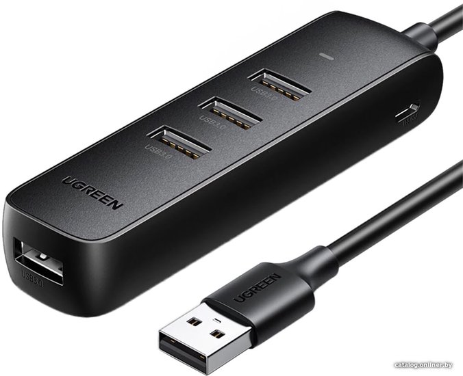 Хаб UGREEN CM416-80657 USB-A 3.0 to 4 USB-A 3.0, с проводом 1m; Поддержка жесткого диска 12 ТБ; С портом питания Type-C; Светодиодные индикаторы; Скорость до