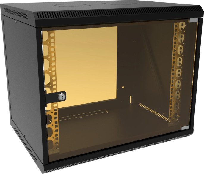 Шкаф коммутационный Suprlan 05-1093-B настенный 9U 600x450мм пер.дв.стекл направл.под закл.гайки 70кг черный 385мм 19.01кг 500мм металл