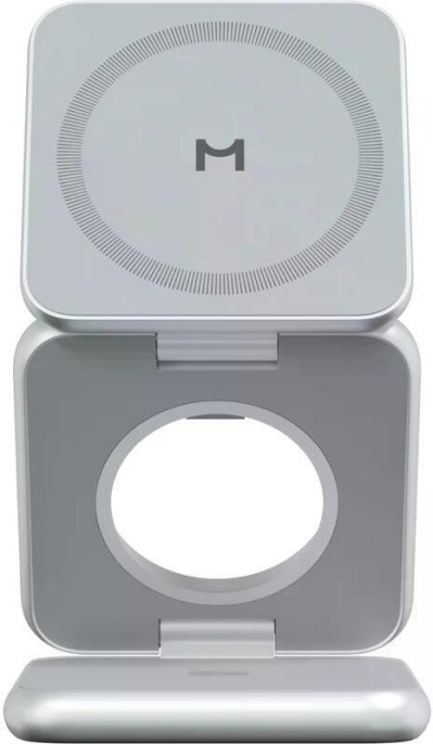 Беспроводное зарядное устройство Magssory Fold Pro WCH063 Серебро WCH063s 3 в 1, 23 Вт, зарядка 3-х устройств одновременно, поддержка Qi, Qi2, PD, QC, совместимость с MagSafe, магнитное крепление, регулируемый угол наклона с фиксацией устройства