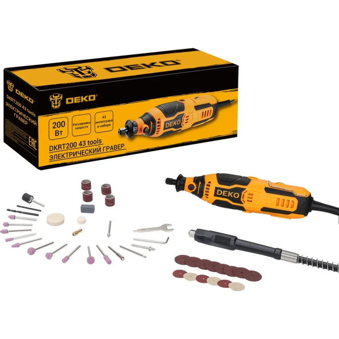 Электрический гравер DEKO DKRT200 с регулировкой скорости, 200 Вт + набор аксессуаров 43 шт 085-1001