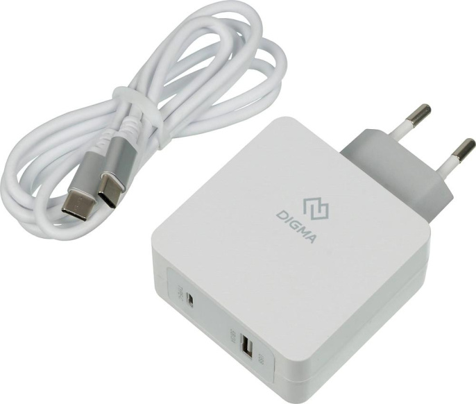 Сетевое зарядное устройство Digma DGPD-45W-WG,  USB-A,  USB-C, 45Вт, 3A, белый