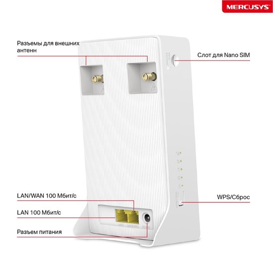 4G Wi-Fi роутер Mercusys MB110-4G 802.11n (Wi-Fi 4), 2.4 ГГц, до 300 Mbps, WAN, 2xFast LAN