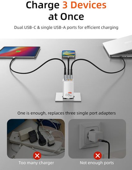 Зарядное устройство CABLETIME GA65W (CT-GAN65-PW) GaN PD3.0 2C1A 65 Вт, белый