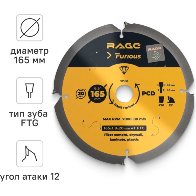 Диск пильный по фиброцементу 165x20 мм, Z4 RAGE Furious 594365