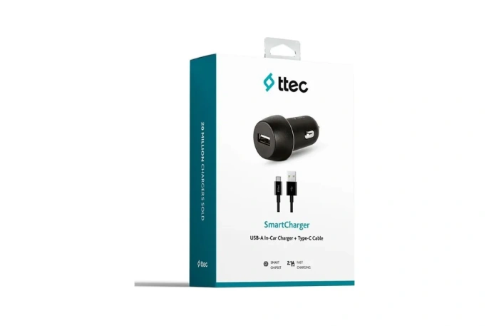 Автомобильное зарядное устройство TTEC SmartCharger 2.1A In-Car Charger с кабелем USB-C. Цвет: черный 2CKS20CS