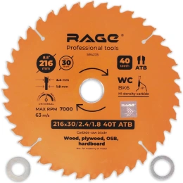 Диск пильный универсальный 216 мм (8 1/2”), Z40, посадка 30+25.4/20/16 мм RAGE By VIRA 594235