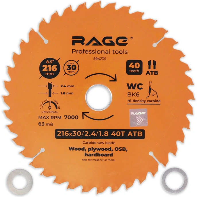 Диск пильный универсальный 216 мм (8 1/2”), Z40, посадка 30+25.4/20/16 мм RAGE By VIRA 594235