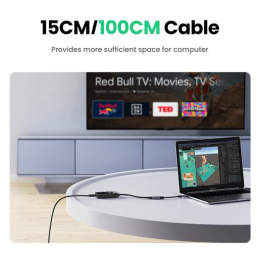 Аудио переходник UGREEN CM129-40964 USB to AUX 3.5mm, Mic & Ear, выход 1 - зеленый порт 3,5 мм для наушников, выход 2 - красный порт 3,5 мм для микрофона, выход 3 - комбинированный разъём для гарнитуры, функция отключения наушников и микрофона и регулято