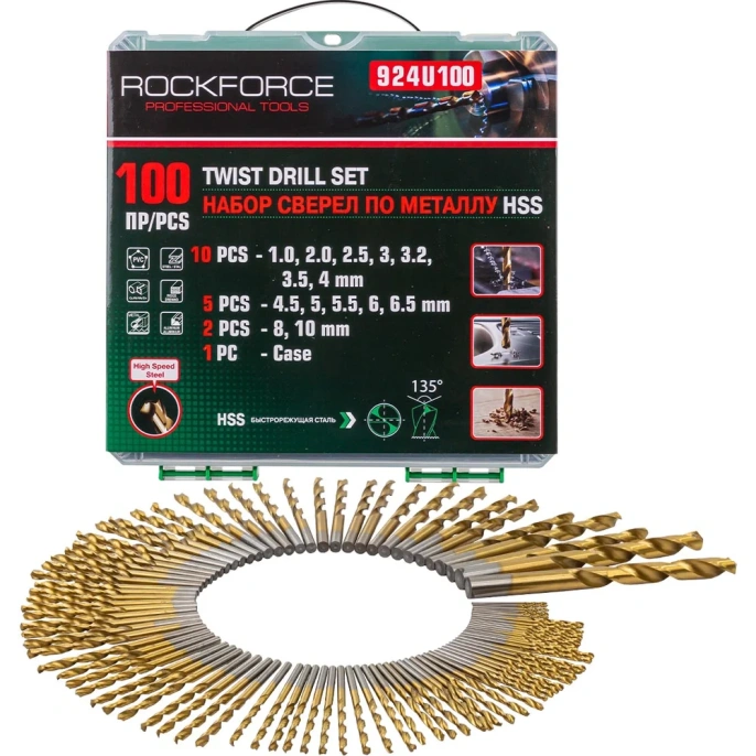 Набор сверел по металлу 100 предметов, кейс Rockforce RF-924U100(57272)