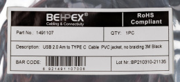 Кабель USB m -USB Type-C m 3м черный BEHPEX