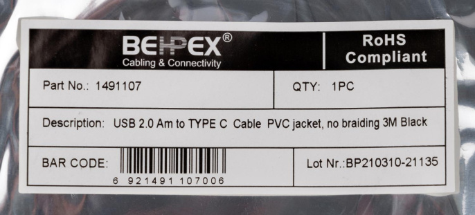 Кабель USB m -USB Type-C m 3м черный BEHPEX