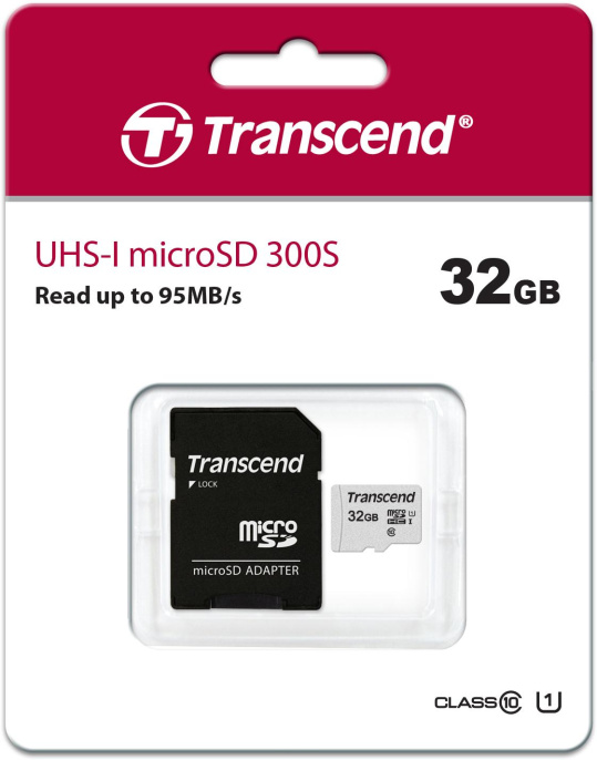 Карта памяти/ Transcend 32GB microSDHC Class 10 UHS-I U1 R95, W45MB/s with SD adapter (TS32GUSD300S-A)
