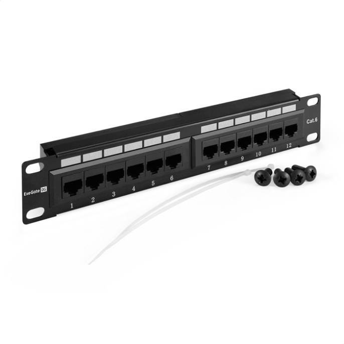 Патч-панель ExeGate EPP3-10-12-8P8C-C6-110D 10", UTP, 12 port, cat.6, KRONE&110 dual IDC , 1U, RoHS, Black, RTL EX297319RUS