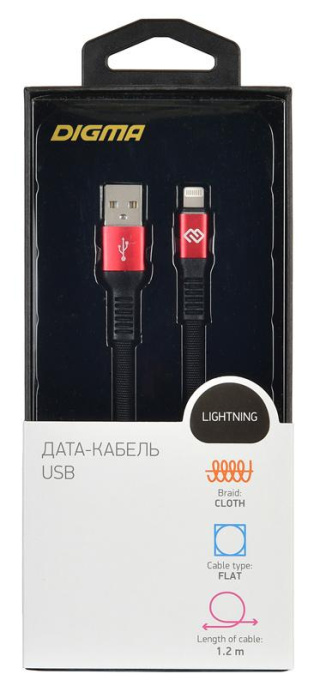 Кабель Digma LIGHT-1.2M-FLAT-BLK USB m -Lightning m 1.2м черный/красный плоский