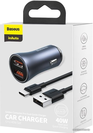 Автомобильное зарядное Baseus TZCCJD-A0G Golden Contactor Pro Dual Quick Charger Car Charger 2 USB 40W кабель USB-Type-C 5A 1m , Выходы: USB 1 - 20W, USB 2