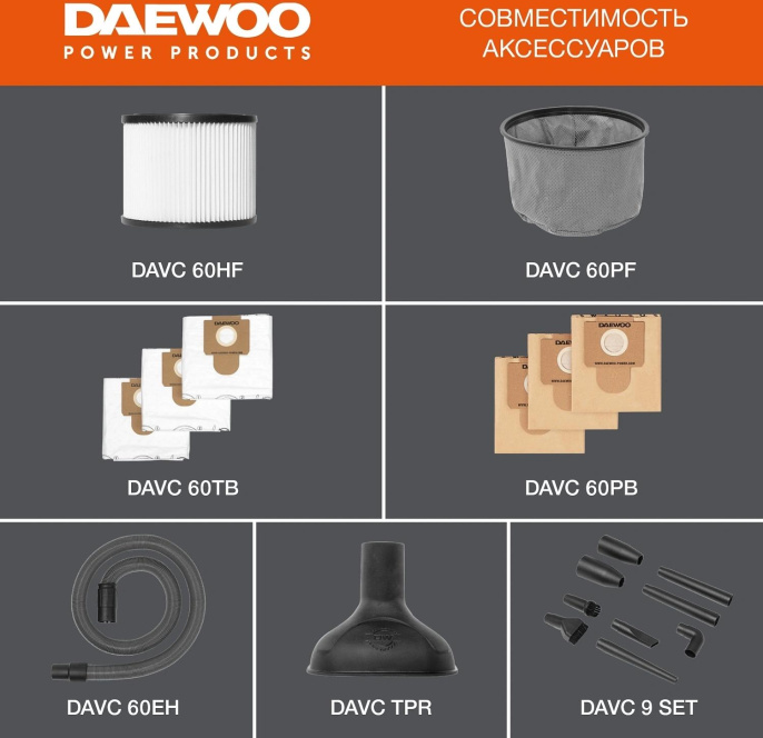 Строительный пылесос Daewoo DAVC 2500SD,  оранжевый
