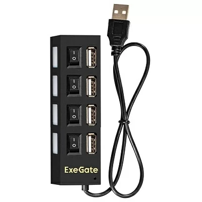 USB-Хаб (концентратор) ExeGate DUB-42SW EX293977RUS (кабель-адаптер USB2.0 -- 4xUSB2.0, кнопки включения/отключения для каждого порта, Plug&Play, черный)