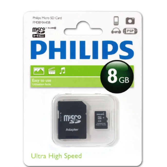 Флеш карта microSD 8GB PHILIPS microSDHC Class 10 SD адаптер FM08MA45B/97
