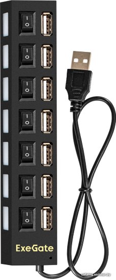 USB-Хаб концентратор 7-в-1 ExeGate DUB-72SW кабель-адаптер USB2.0 -- 7xUSB2.0, кнопки включения/отключения для каждого порта, Plug&Play, черный EX293978RUS