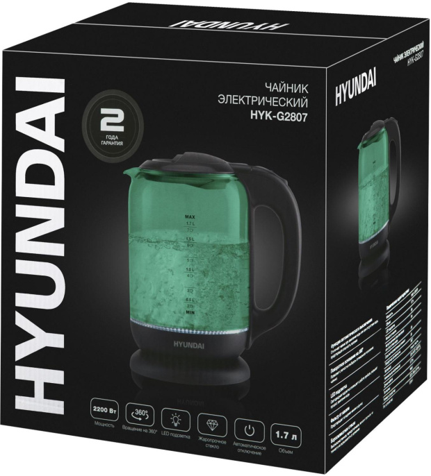 Чайник электрический Hyundai HYK-G2807 1.7л. 2200Вт бирюзовый/черный корпус: стекло