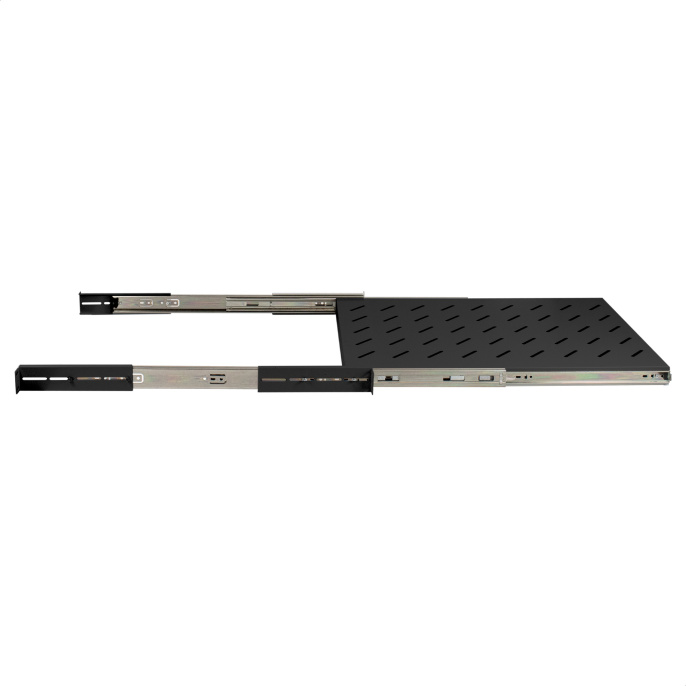 Полка выдвижная 19" ExeGate ECSS-FS1000-B (перфорированная, глубина 650мм, крепление 19" 1U, для напольных шкафов и стоек глубиной 800мм/1000мм, нагрузка до 40кг, цвет черный RAL 9004) EX301148RUS
