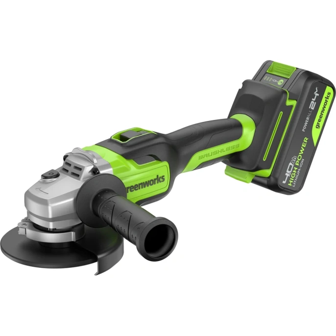 Угловая шлифовальная машина GreenWorks GD24AG, 24V, б/щет, 125 мм, 10500 об/мин,1x4Ач,ЗУ, коробка 3200207VUB