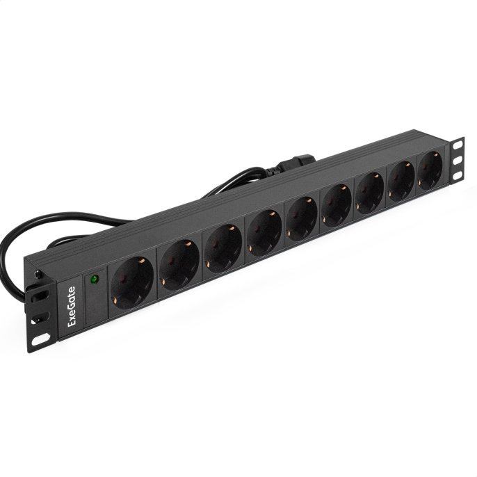 Блок розеток с кабелем с вилкой C14 ExeGate ServerPro PDU-19H906 Al-9S-C14-2.5CU (19", 1U, Алюминий, 9*EU/Тип F(Schuko), кабель с вилкой IEC 320 C14 VDE-250V-10A-3*1.0mm2, медь, 2.5 метра, индикатор питания, черный, RTL) EX280852RUS