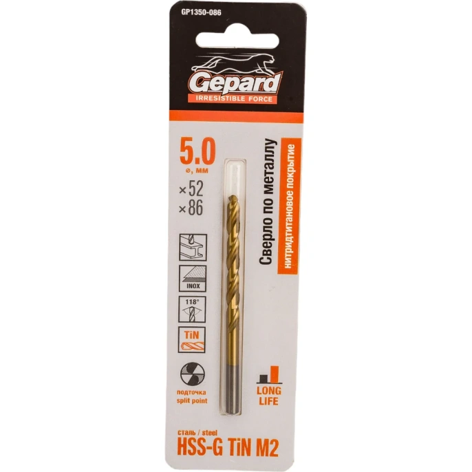 Сверло спиральное по металлу 5x52x86 мм, HSS TIN Gepard GP1350-086
