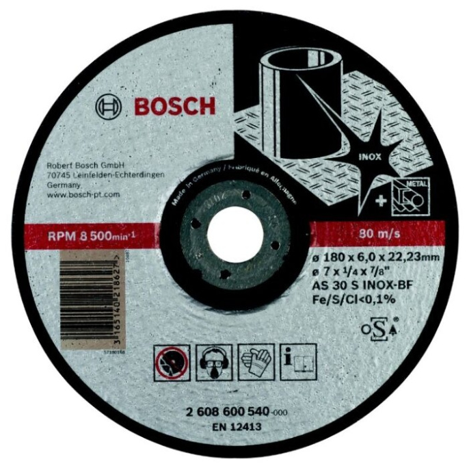 Обдирочный круг Bosch Expert for Inox 2.608.600.540 для электроинструмента, обрабатываемый материал: сталь нержавеющая , максимальная скорость вращения: 8500 об/мин, вид шлифовки: сухая, ширина/диаметр: 180 мм, толщина