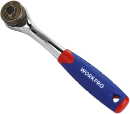 Трещотка WorkPro WP271013 (3/8", эргономичная ручка с противоскользящей резиновой рукояткой, запатентованная технология двойного привода в 2 раза быстрее, чем при стандартном храповом механизме, необходимо удерживать кольцо храповика, чтобы включить двойн