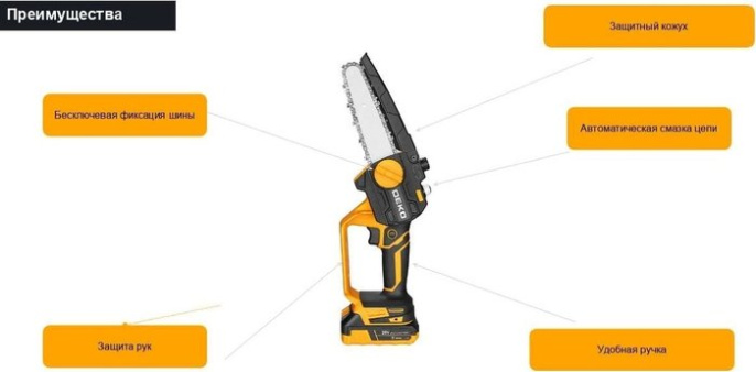 Пила цепная аккумуляторная DEKO DKCHS 20-6, 20В, 2x3.0Ач 063-4481-1