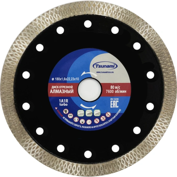 Тонкий горячего прессования диск алмазный по керамограниту Tsunami 180х1.6х22.23х10 мм DD0020180022005