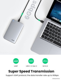 Бокс внешний для жесткого диска UGREEN CM300 70498 2.5-Inch SATA External Hard Drive Enclosure. Цвет: серый
