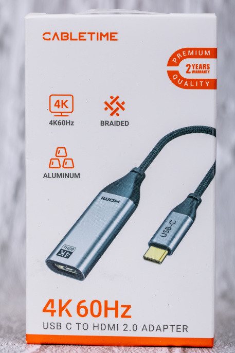 Кабель-адаптер CABLETIME CP10B (CT-C160-PU31-CMHDFn1-S0.2) 0.2 м, USB Type-C - HDMI, 4K/60 Гц, коаксиальный, нейлоновый