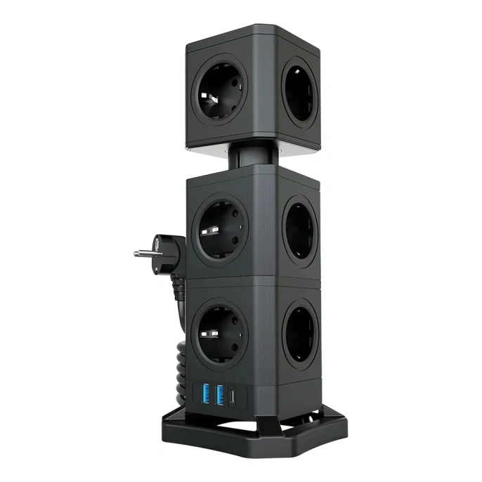 Сетевой фильтр QUMO Power Block System PD1+2 12SP5U P-0003, 13 розеток, 2500 Вт, 10A, кабель 2м 3*1 мм чистая медь, пожаробезопасный пластик, евровилка, 2 USB порта 2,4A + USB-C 30W 42089