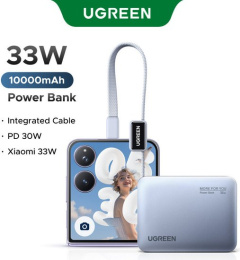 Внешний аккумулятор UGREEN PB584 75173B Fast Charging 10000mAh USB-C/USB-A 33W со встроенным кабелем USB-C Power Bank CCC. Цвет: голубой (75173B_)