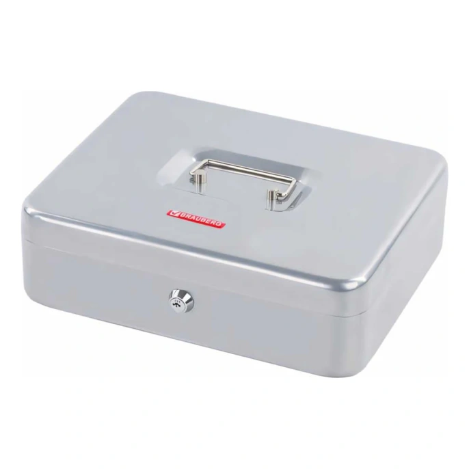 Ящик для денег, ценностей, документов, печатей BRAUBERG 90х240х300 мм, ключевой замок, серебристый 291060