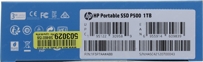 Внешний SSD HP P500 1TB Type-C, 420/260Mbps, 6K/19K IOPs, TBW 500TB, MTBF 2000000 hours, silver, в комплекте кабель + переходник USB - Type C 1F5P7AA#ABB