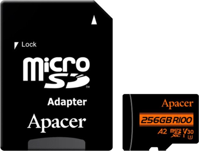 Карта памяти Apacer AP256GMCSX10U8-R 256GB microSDXC, класс 10, UHS-I класс U3 , V30, A2, скорость чтения: 100МБ/с, скорость записи: 80МБ/с, с адаптером
