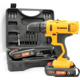 Дрель аккумуляторная Gramex HCD-18-2L (18В, пат-10мм, 2 скорости, аккум Li-Ion 2,0 А/ч) кейс, 2 акк (1/5) 4194