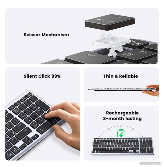 Клавиатура беспроводная UGREEN KU005 15956 2.4GHz Bluetooth5.0 Ultra Slim Wireless Keyboard. Цвет: серебристый