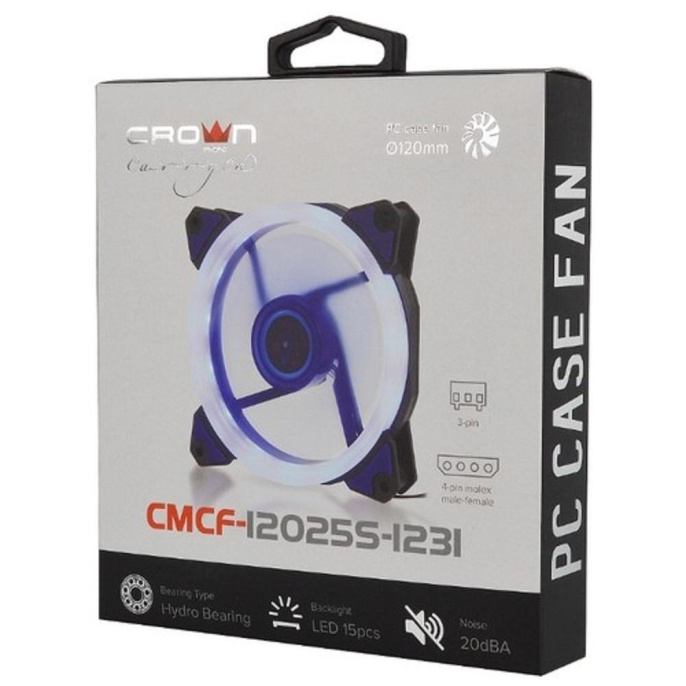 CROWN Вентилятор для компьютерного корпуса CMCF-12025S-1231 120*120*25мм;Синее LED кольцо;1500 об/мин;35CFM;20Дб;Подшипник скольжения;3pin+MOLEX папа-мама 40+10см