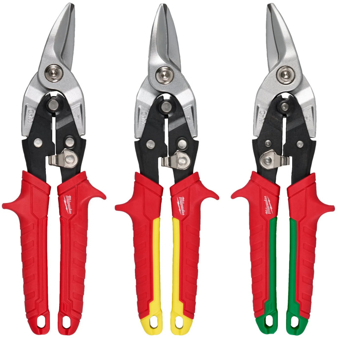 Ножницы по металлу Milwaukee 4932499020 3шт офсетные, зазубренные режущие кромки, торсионная пружина, механизм блокировки одной рукой, смещенные, тройная маркировка направления резки, эргономичные и прочные литые ручки, в комплект входят: 1 x левые офсет