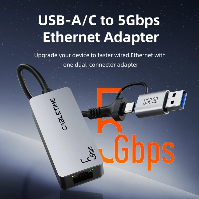 Адаптер CABLETIME CB58G CT-ACML5-AG USB A+C 3.0 — RJ45 5 Гбит/с - Space Grey