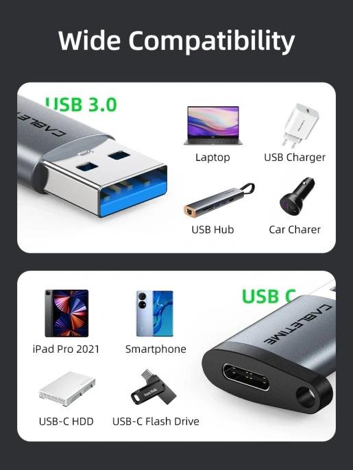 Адаптер CABLETIME CP73B (CT-OTG-AMCF-ABL) USB3.0 A Male to USB -C Female OTG С петлей для шнурка. Алюминий