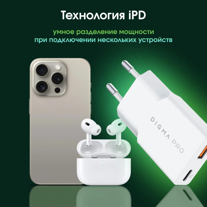 Сетевое зар./устр. Digma Pro DPW3A 30W 3A PD+QC USB-C/USB-A универсальное белый DPW3A3GX11WH