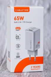 Сетевое зарядное устройство CABLETIME GA65W (CT-GAN65-PW) GaN PD3.0 2C1A 65 Вт, белый